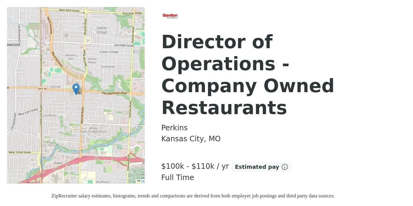 Perkins job posting for a Director of Operations - Company Owned Restaurants in Kansas City, MO with a salary of $100,000 to $110,000 Yearly with a map of Kansas City location.