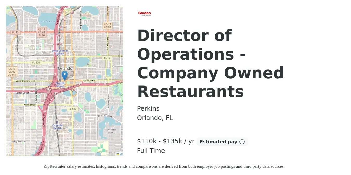 Perkins job posting for a Director of Operations - Company Owned Restaurants in Orlando, FL with a salary of $110,000 to $135,000 Yearly with a map of Orlando location.