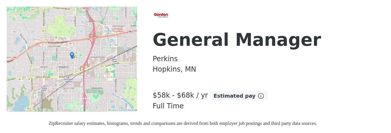 Perkins job posting for a General Manager in Hopkins, MN with a salary of $58,000 to $68,000 Yearly with a map of Hopkins location.