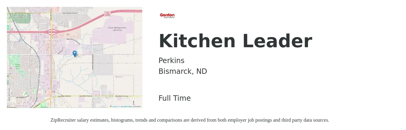 Perkins job posting for a Kitchen Leader in Bismarck, ND with a salary of $38,900 to $62,300 Yearly with a map of Bismarck location.