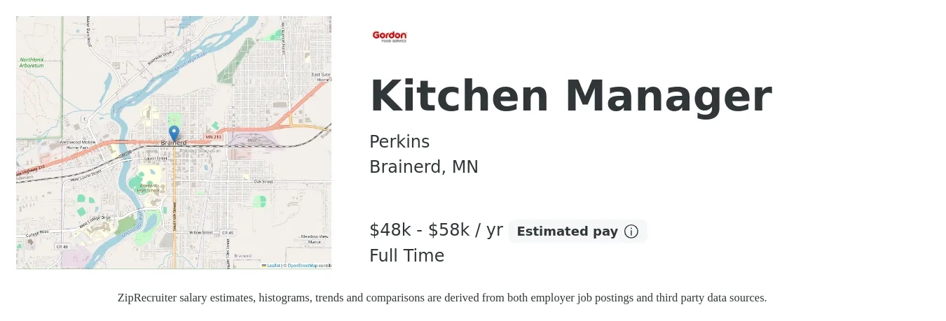 Perkins job posting for a Kitchen Manager in Brainerd, MN with a salary of $48,000 to $58,000 Yearly with a map of Brainerd location.