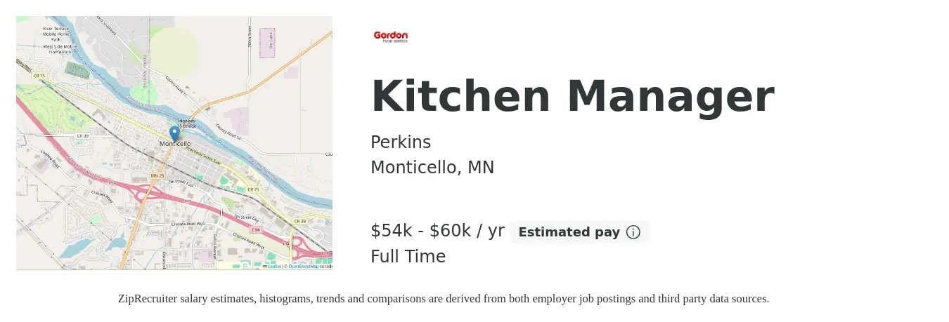 Perkins job posting for a Kitchen Manager in Monticello, MN with a salary of $54,000 to $60,000 Yearly with a map of Monticello location.