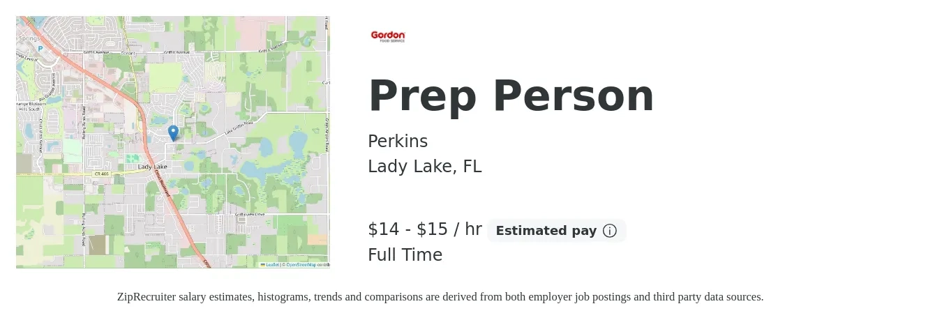 Perkins job posting for a Prep Person in Lady Lake, FL with a salary of $15 to $16 Hourly with a map of Lady Lake location.