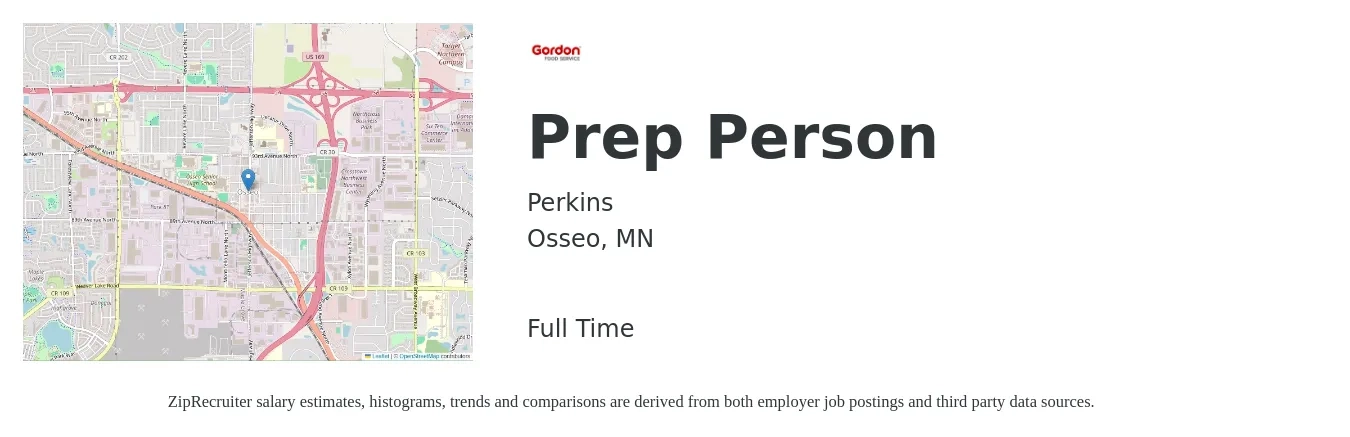 Perkins job posting for a Prep Person in Osseo, MN with a salary of $14 to $17 Hourly with a map of Osseo location.