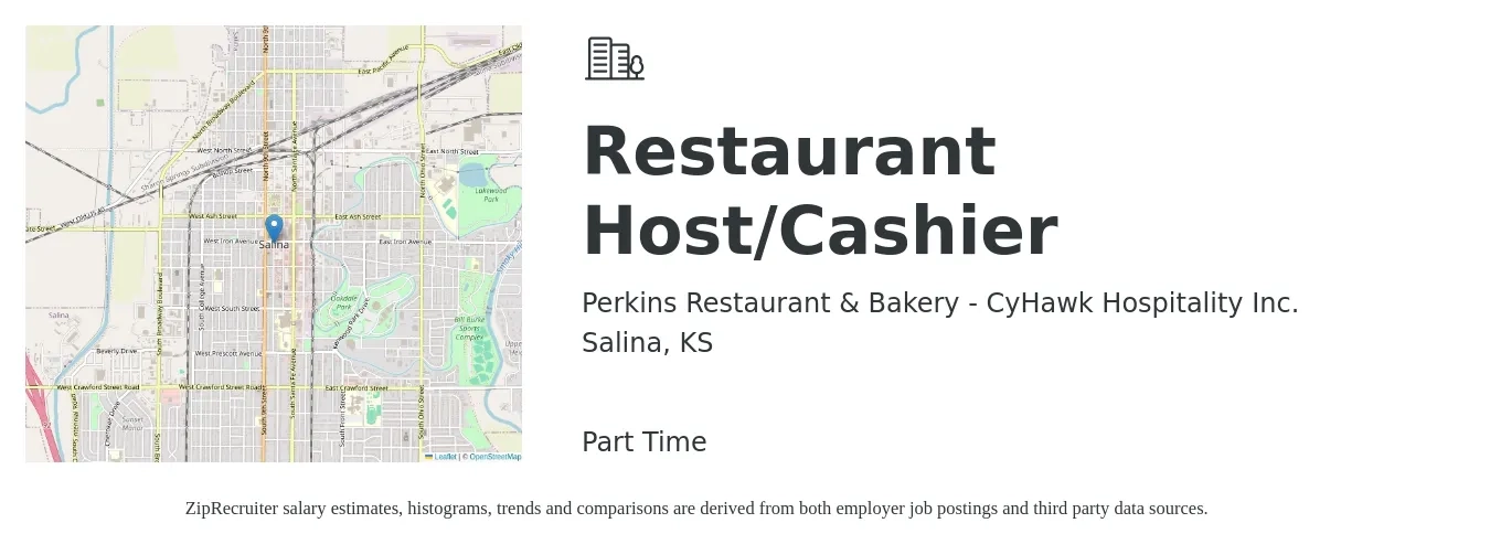 Perkins Restaurant & Bakery - CyHawk Hospitality Inc. job posting for a Restaurant Host/Cashier in Salina, KS with a salary of $12 to $15 Hourly with a map of Salina location.
