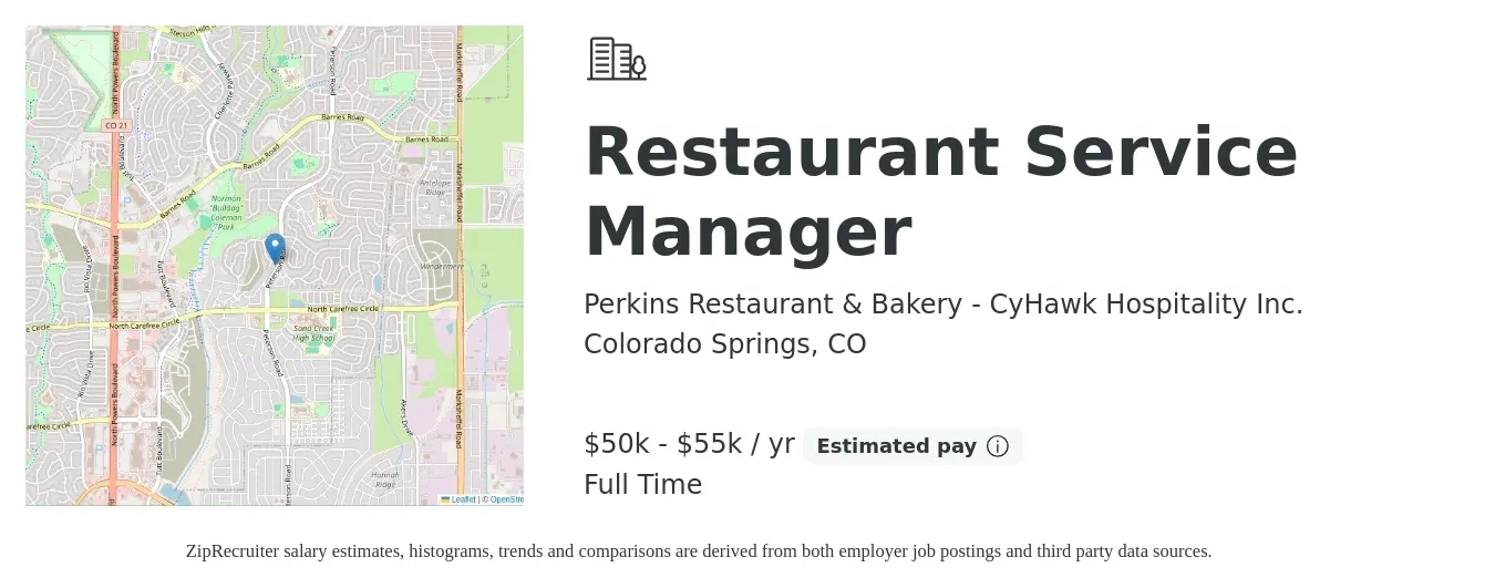 Perkins Restaurant & Bakery - CyHawk Hospitality Inc. job posting for a Restaurant Service Manager in Colorado Springs, CO with a salary of $50,000 to $55,000 Yearly with a map of Colorado Springs location.