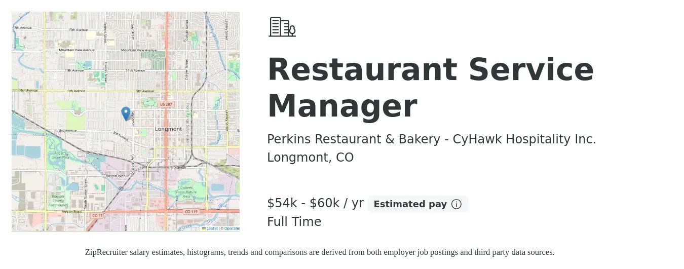 Perkins Restaurant & Bakery - CyHawk Hospitality Inc. job posting for a Restaurant Service Manager in Longmont, CO with a salary of $54,000 to $60,000 Yearly with a map of Longmont location.
