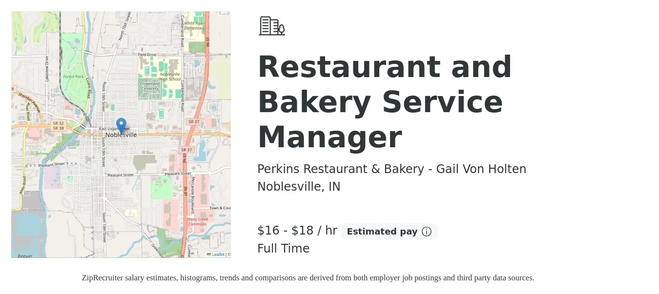 Perkins Restaurant & Bakery - Gail Von Holten job posting for a Restaurant and Bakery Service Manager in Noblesville, IN with a salary of $17 Hourly with a map of Noblesville location.