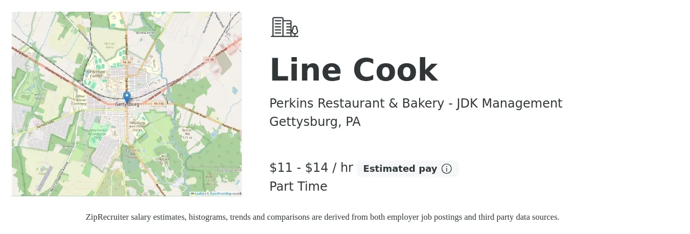 Perkins Restaurant & Bakery - JDK Management job posting for a Line Cook in Gettysburg, PA with a salary of $12 to $15 Hourly with a map of Gettysburg location.