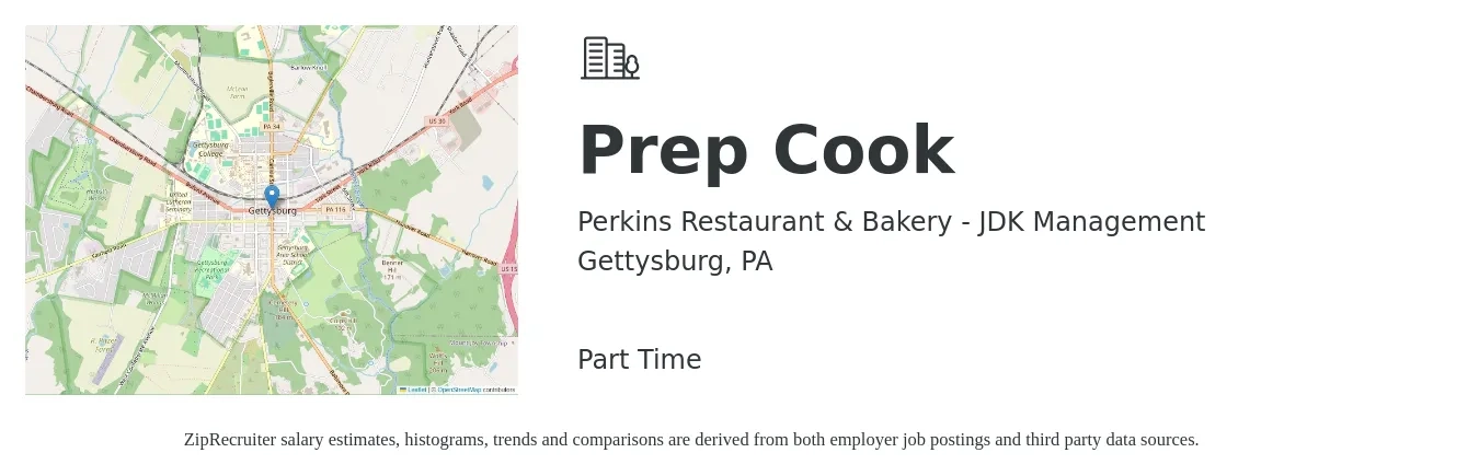 Perkins Restaurant & Bakery - JDK Management job posting for a Prep Cook in Gettysburg, PA with a salary of $11 to $14 Hourly with a map of Gettysburg location.