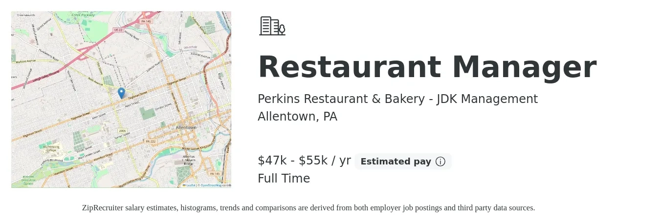 Perkins Restaurant & Bakery - JDK Management job posting for a Restaurant Manager in Allentown, PA with a salary of $47,000 to $55,000 Yearly with a map of Allentown location.