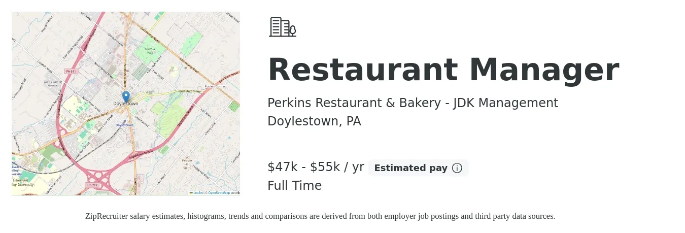 Perkins Restaurant & Bakery - JDK Management job posting for a Restaurant Manager in Doylestown, PA with a salary of $47,000 to $60,000 Yearly with a map of Doylestown location.
