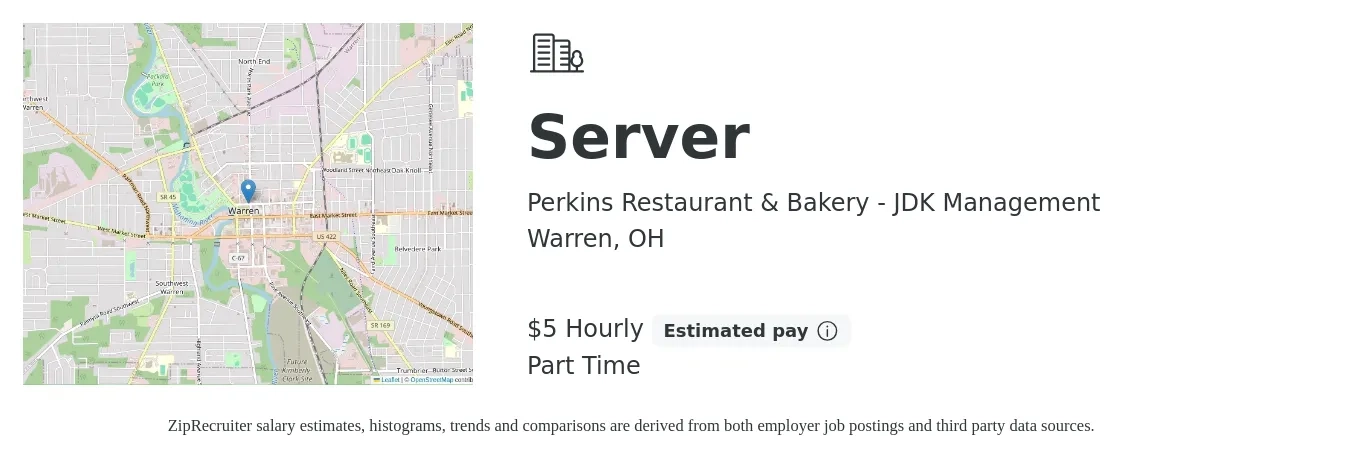 Perkins Restaurant & Bakery - JDK Management job posting for a Server in Warren, OH with a salary of $5 Hourly with a map of Warren location.