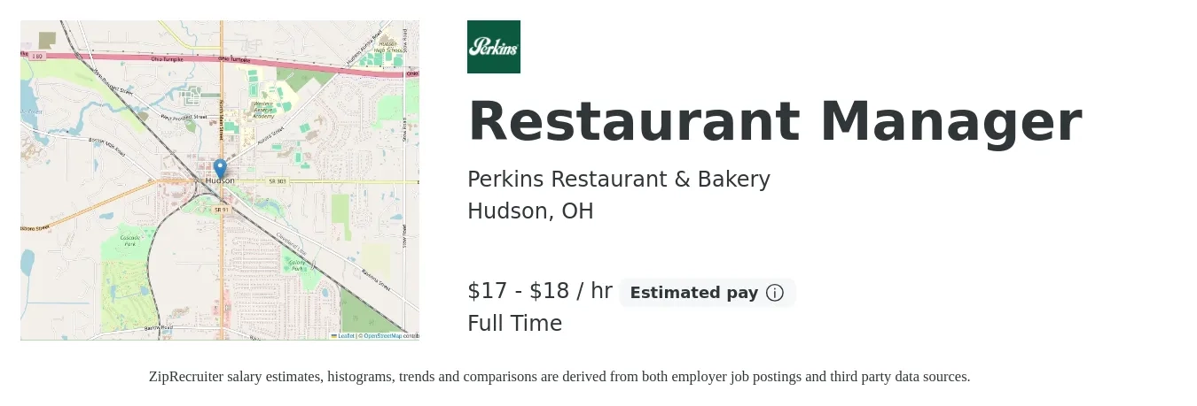 Perkins Restaurant & Bakery job posting for a Restaurant Manager in Hudson, OH with a salary of $18 to $19 Hourly with a map of Hudson location.
