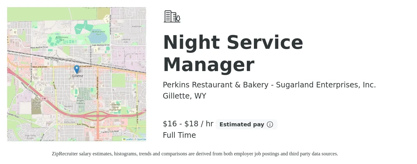 Perkins Restaurant & Bakery - Sugarland Enterprises, Inc. job posting for a Night Service Manager in Gillette, WY with a salary of $17 to $19 Hourly with a map of Gillette location.