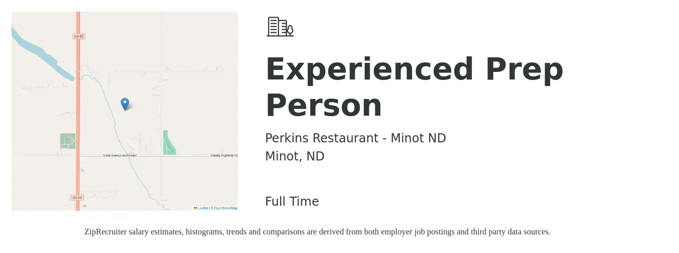 Perkins Restaurant - Minot ND job posting for a Experienced Prep Person in Minot, ND with a salary of $13 to $16 Hourly with a map of Minot location.