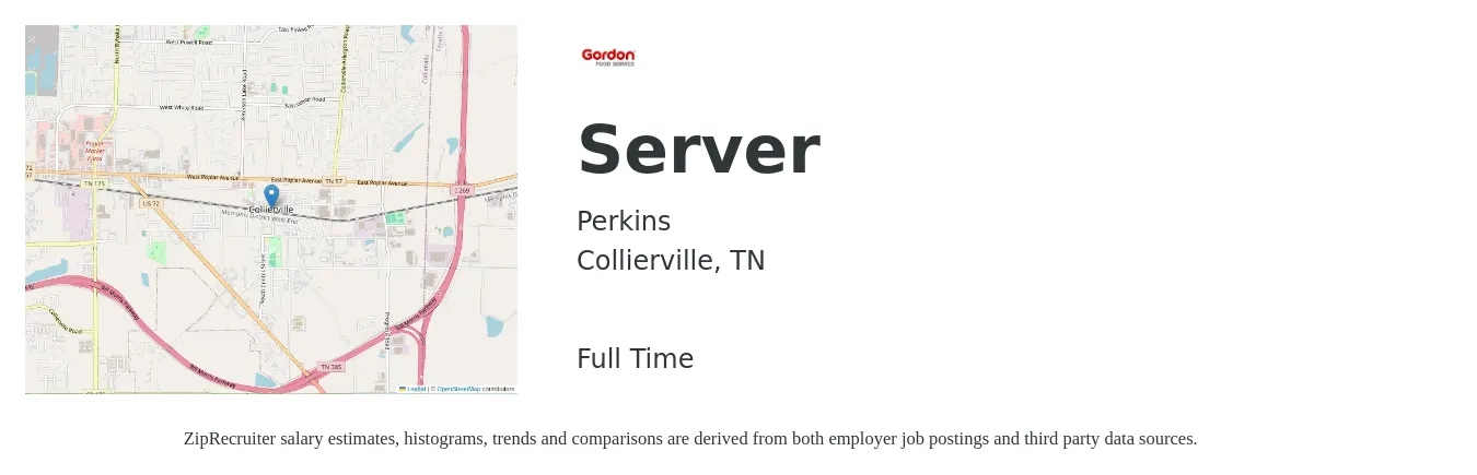 Perkins job posting for a Server in Collierville, TN with a salary of $7 to $20 Hourly with a map of Collierville location.