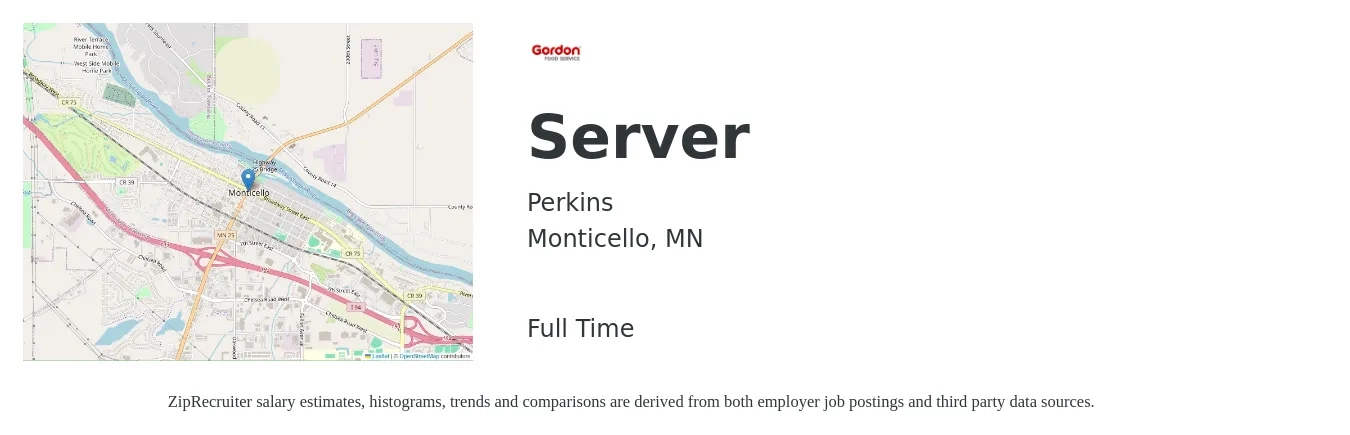 Perkins job posting for a Server in Monticello, MN with a salary of $11 to $19 Hourly with a map of Monticello location.