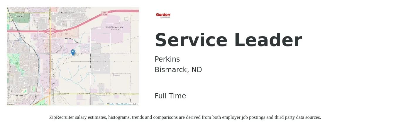 Perkins job posting for a Service Leader in Bismarck, ND with a salary of $16 to $21 Hourly with a map of Bismarck location.
