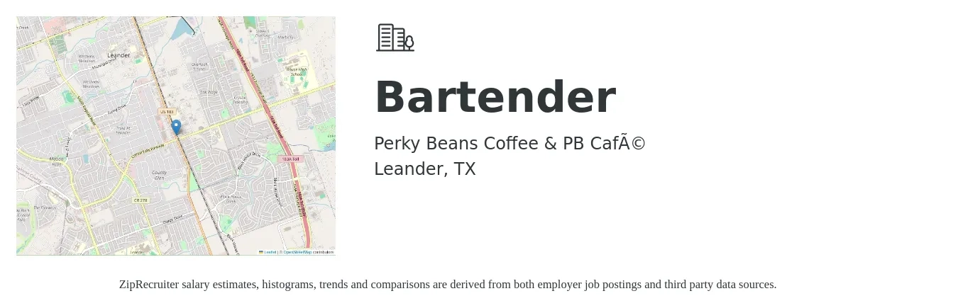 Perky Beans Coffee & PB Café job posting for a Bartender in Leander, TX with a salary of $10 to $18 Hourly with a map of Leander location.
