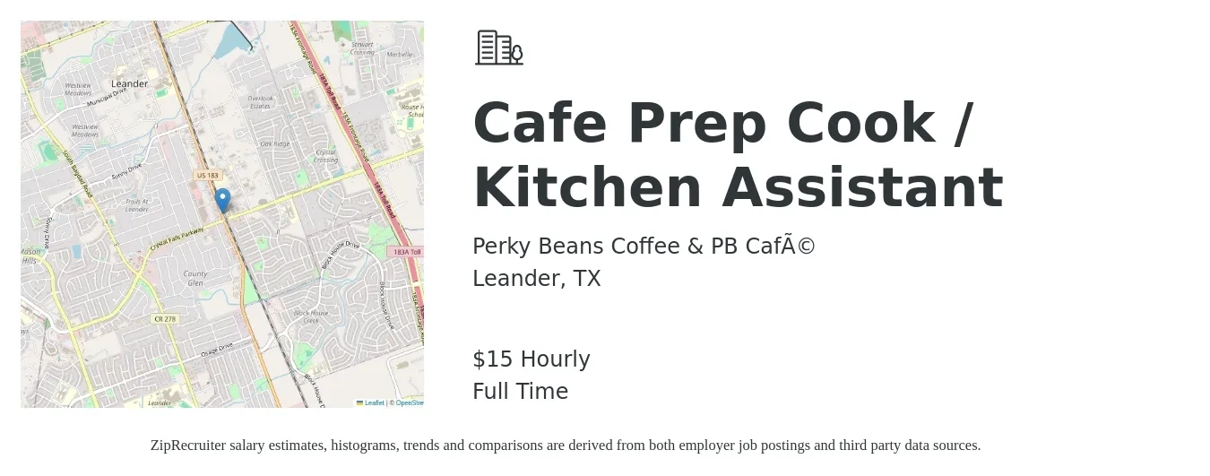 Perky Beans Coffee & PB Café job posting for a Cafe Prep Cook / Kitchen Assistant in Leander, TX with a salary of $16 Hourly with a map of Leander location.