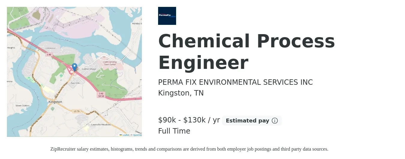 Perma-Fix Environmental Services, Inc. job posting for a Chemical/Process Engineer in Kingston, TN with a salary of $90,000 to $130,000 Yearly with a map of Kingston location.