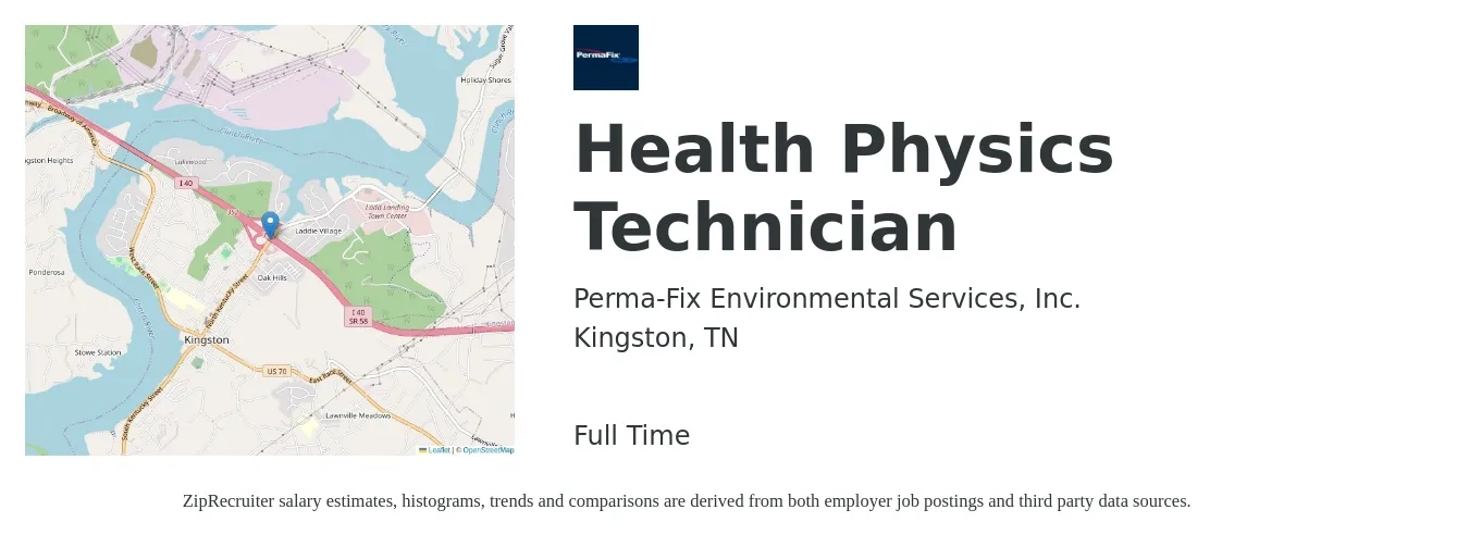 Perma-Fix Environmental Services, Inc. job posting for a Health Physics Technician in Kingston, TN with a salary of $21 to $35 Hourly with a map of Kingston location.
