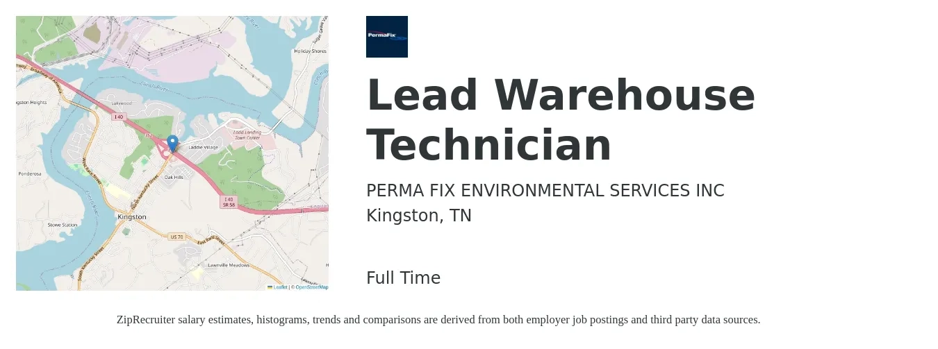 Perma-Fix Environmental Services, Inc. job posting for a Lead Warehouse Technician in Kingston, TN with a salary of $30 to $38 Hourly with a map of Kingston location.