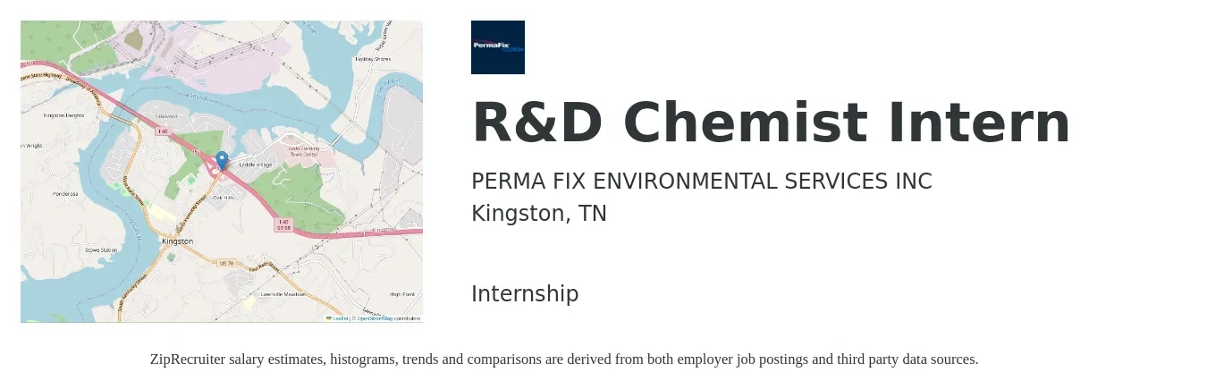 Perma-Fix Environmental Services, Inc. job posting for a R&D Chemist Intern in Kingston, TN with a salary of $18 to $20 Hourly with a map of Kingston location.