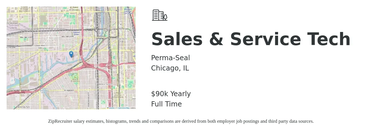 Perma-Seal job posting for a Sales & Service Tech in Chicago, IL with a salary of $80,000 to $130,000 Yearly with a map of Chicago location.