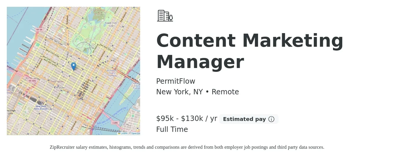 PermitFlow job posting for a Content Marketing Manager in New York, NY with a salary of $95,000 to $130,000 Yearly with a map of New York location.
