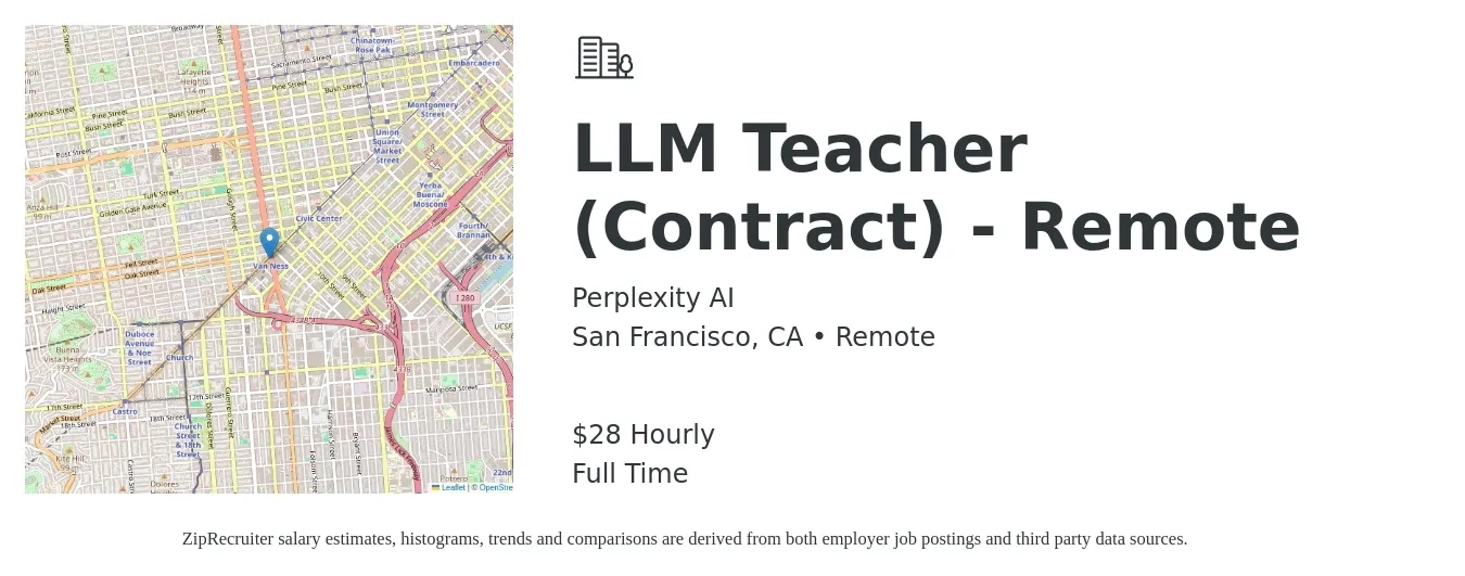 Perplexity AI job posting for a LLM Teacher (Contract) - Remote in San Francisco, CA with a salary of $30 Hourly with a map of San Francisco location.