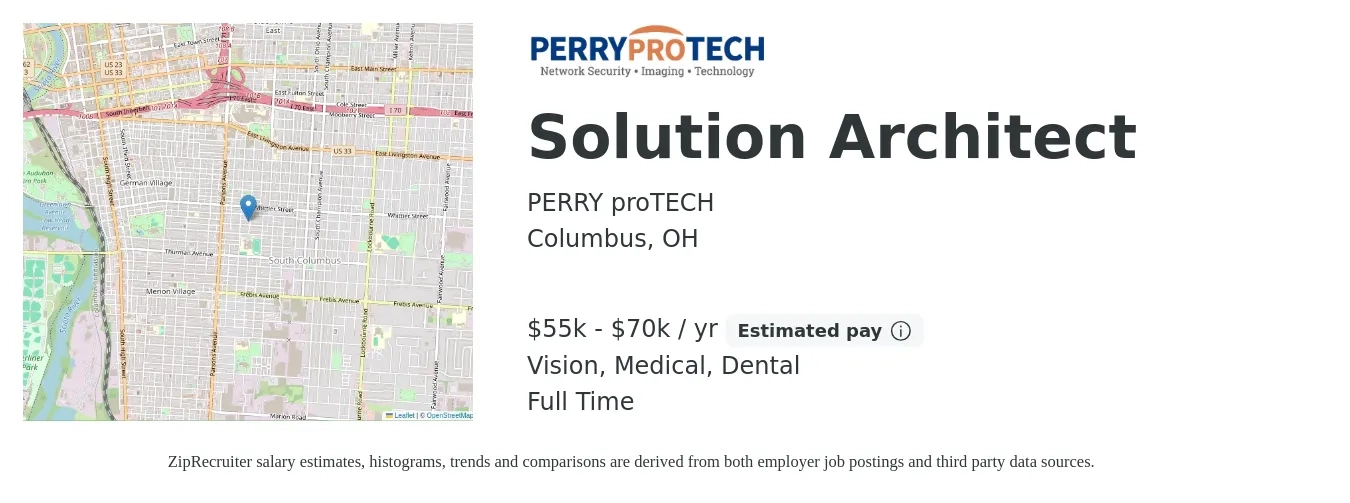 PERRY proTECH job posting for a Solution Architect in Columbus, OH with a salary of $55,000 to $70,000 Yearly and benefits including vision, dental, life_insurance, medical, pto, and retirement with a map of Columbus location.