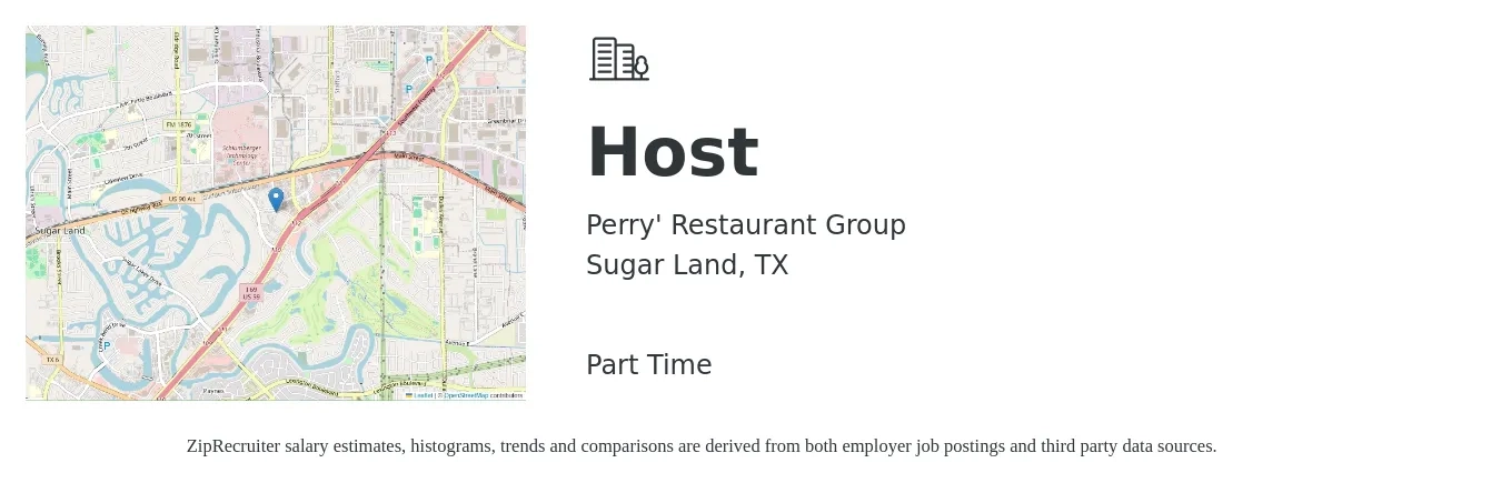 Perry' Restaurant Group job posting for a Host in Sugar Land, TX with a salary of $11 to $16 Hourly with a map of Sugar Land location.