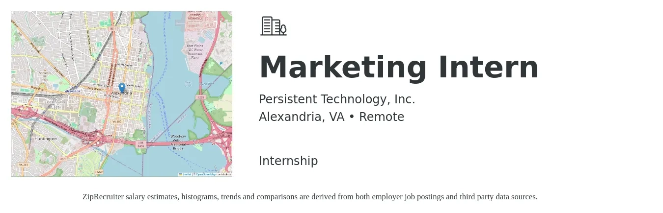 Persistent Technology, Inc. job posting for a Marketing Intern in Alexandria, VA with a salary of $14 to $20 Hourly with a map of Alexandria location.