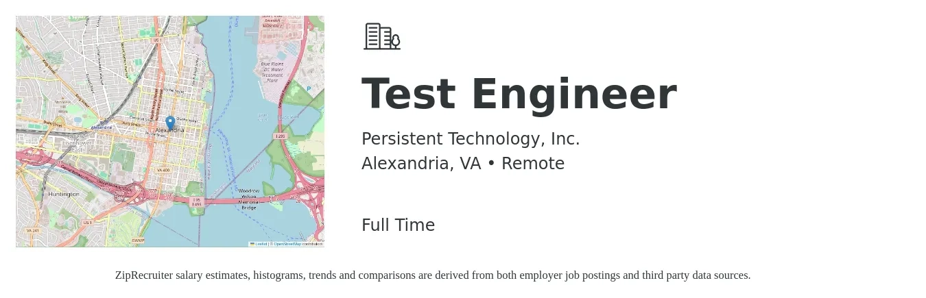 Persistent Technology, Inc. job posting for a Test Engineer in Alexandria, VA with a salary of $34 to $53 Hourly with a map of Alexandria location.