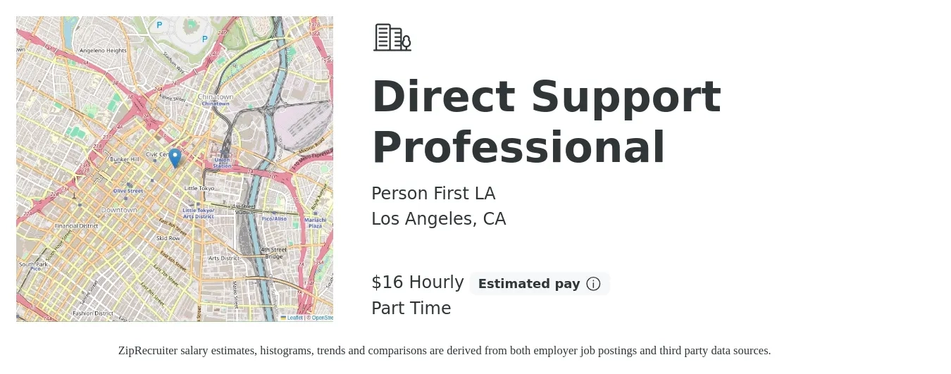 Person First LA job posting for a Direct Support Professional in Los Angeles, CA with a salary of $18 Hourly with a map of Los Angeles location.