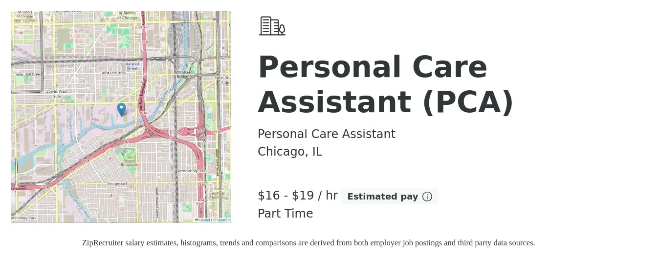 Personal Care Assistant job posting for a Personal Care Assistant (PCA) in Chicago, IL with a salary of $17 to $20 Hourly with a map of Chicago location.