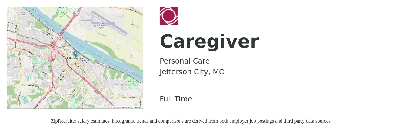 Personal Care job posting for a Caregiver in Jefferson City, MO with a salary of $14 to $17 Hourly with a map of Jefferson City location.