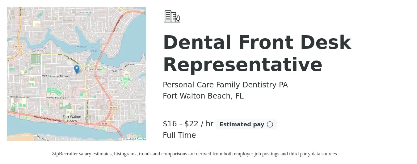 Personal Care Family Dentistry PA job posting for a Dental Front Desk Representative in Fort Walton Beach, FL with a salary of $17 to $23 Hourly with a map of Fort Walton Beach location.