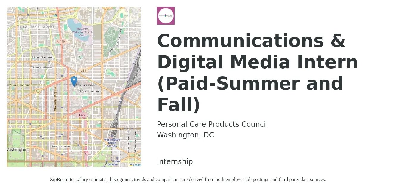 Personal Care Products Council job posting for a Communications & Digital Media Intern (Paid-Summer and Fall) in Washington, DC with a salary of $18 Hourly with a map of Washington location.