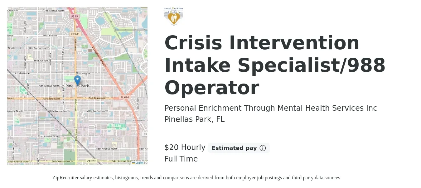 Personal Enrichment Through Mental Health Services Inc job posting for a Crisis Intervention Intake Specialist/988 Operator in Pinellas Park, FL with a salary of $21 Hourly with a map of Pinellas Park location.