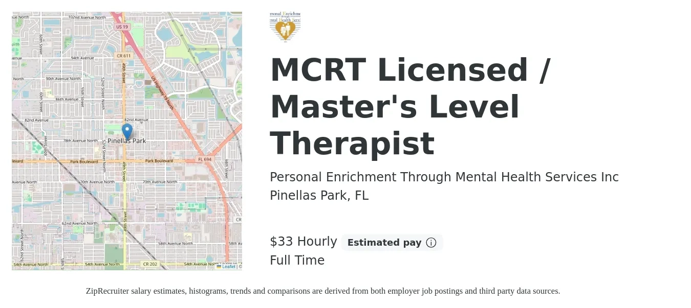 Personal Enrichment Through Mental Health Services Inc job posting for a MCRT Licensed / Master's Level Therapist in Pinellas Park, FL with a salary of $35 Hourly with a map of Pinellas Park location.