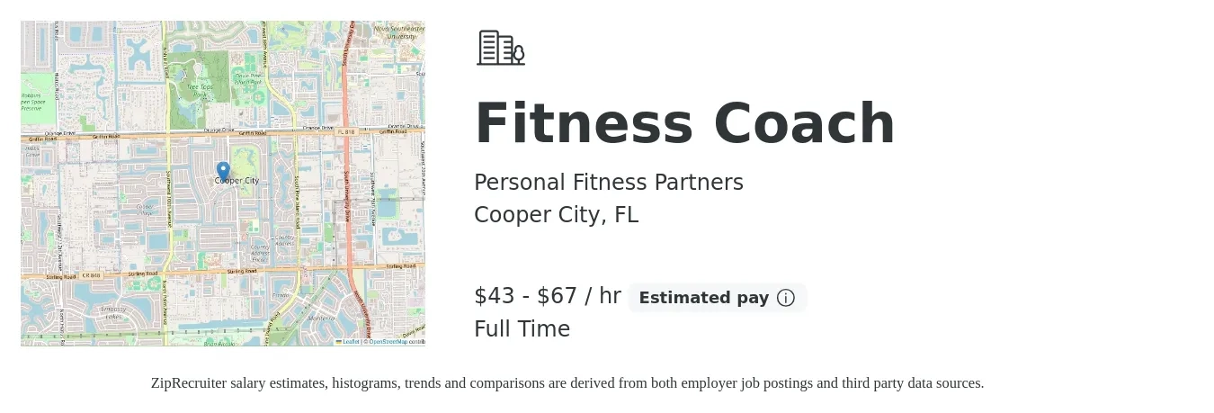 Personal Fitness Partners job posting for a Fitness Coach in Cooper City, FL with a salary of $45 to $70 Hourly with a map of Cooper City location.