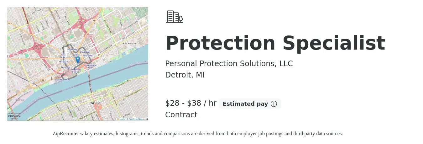 Personal Protection Solutions, LLC job posting for a Protection Specialist in Detroit, MI with a salary of $30 to $40 Hourly with a map of Detroit location.