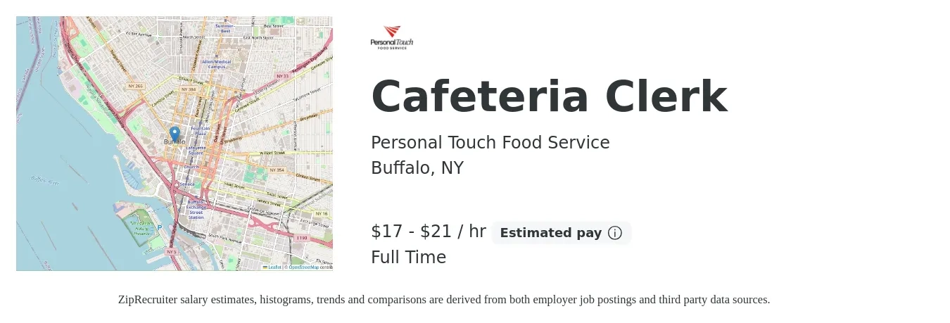 Personal Touch Food Service job posting for a Cafeteria Clerk in Buffalo, NY with a salary of $18 to $22 Hourly with a map of Buffalo location.