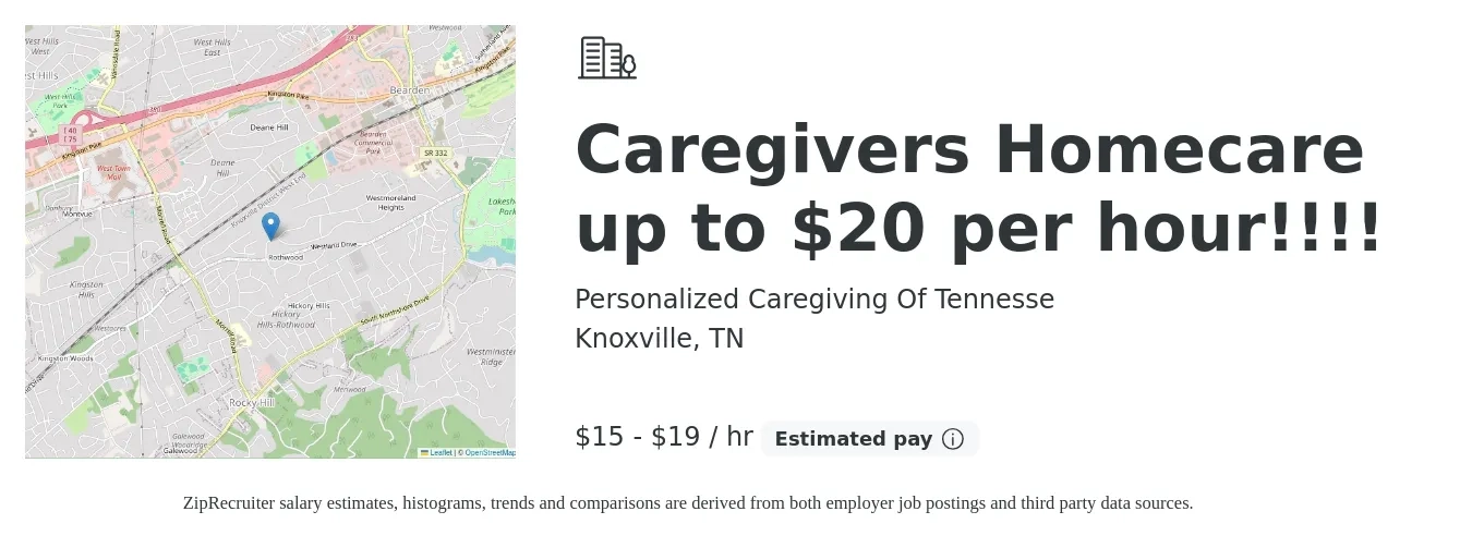 Personalized Caregiving Of Tennesse job posting for a Caregivers Homecare up to $20 per hour!!!! in Knoxville, TN with a salary of $16 to $20 Hourly with a map of Knoxville location.