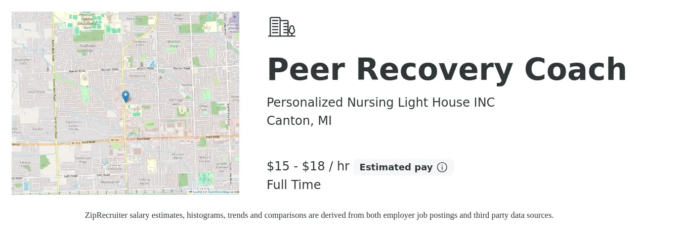 Personalized Nursing Light House INC job posting for a Peer Recovery Coach in Canton, MI with a salary of $16 to $19 Hourly with a map of Canton location.