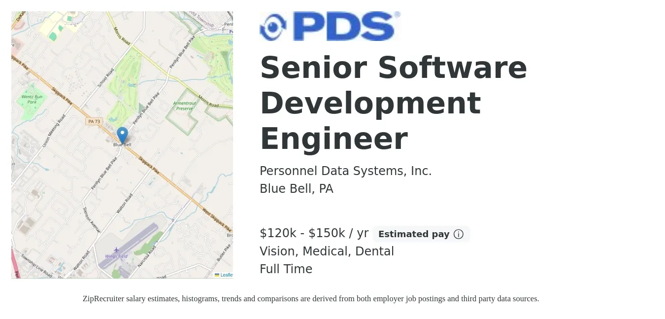 Personnel Data Systems, Inc. job posting for a Senior Software Development Engineer in Blue Bell, PA with a salary of $120,000 to $150,000 Yearly and benefits including vision, dental, life_insurance, medical, pto, and retirement with a map of Blue Bell location.