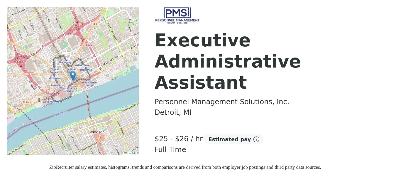 Personnel Management Solutions, Inc. job posting for a Executive Administrative Assistant in Detroit, MI with a salary of $26 to $28 Hourly with a map of Detroit location.